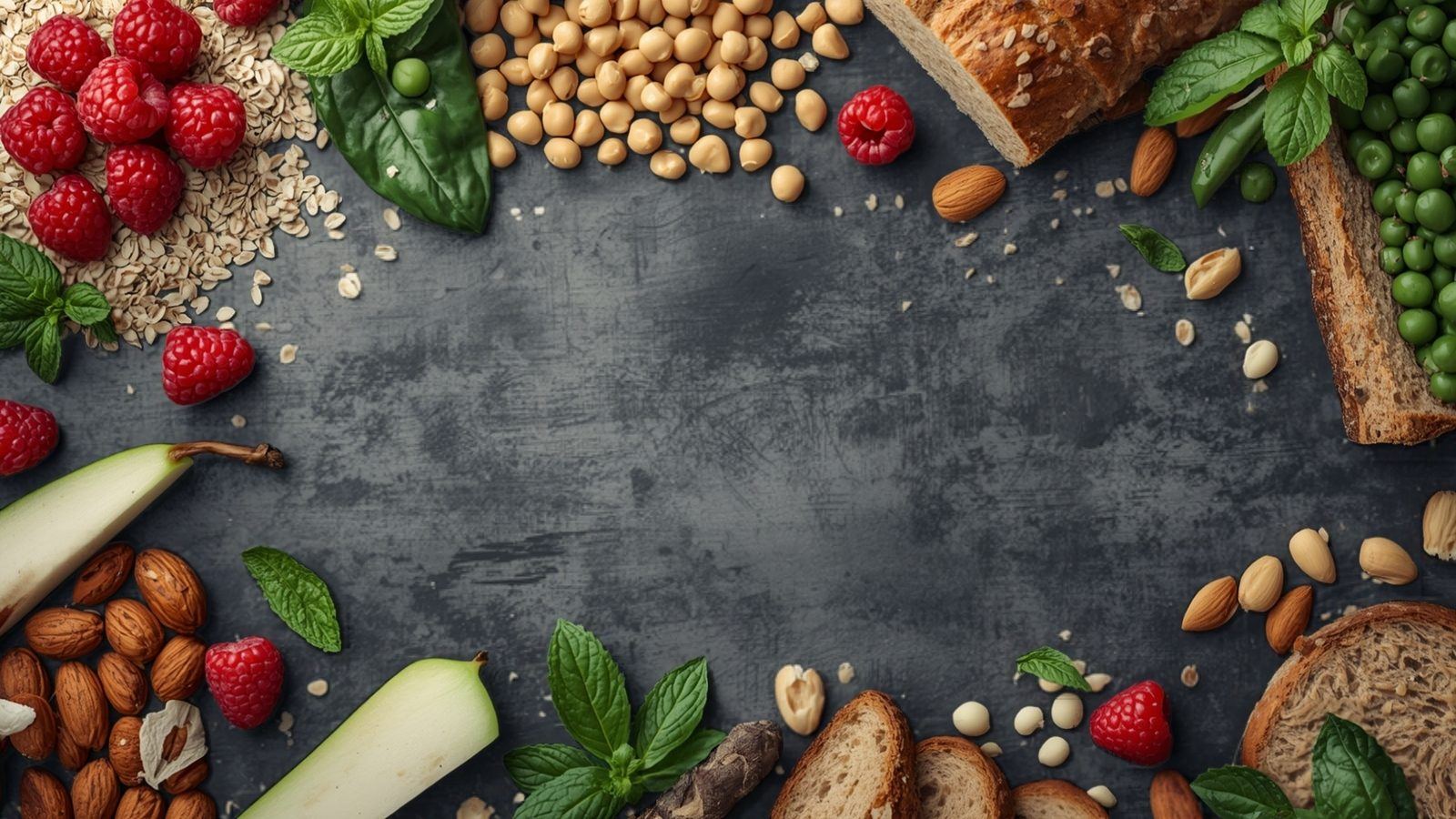 Overhead photo of high-fibre foods: oats with raspberries, chickpeas, peas, almonds, pear and grainy bread on a dark stone surface