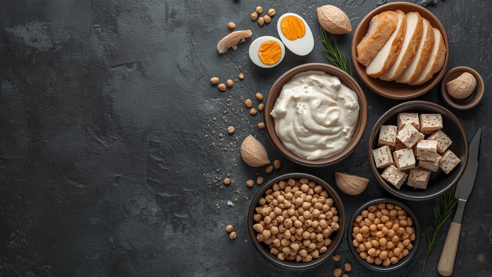 Overhead photo of protein foods in bowls: sliced chicken, boiled eggs, Greek yoghurt, tofu and chickpeas on a dark stone surface
